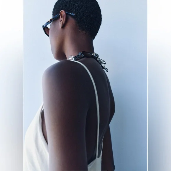 Zara White Linen Blend A-Line Midi Dress Round neckline strap ZW Cotton S NWT - Picture 5 of 16